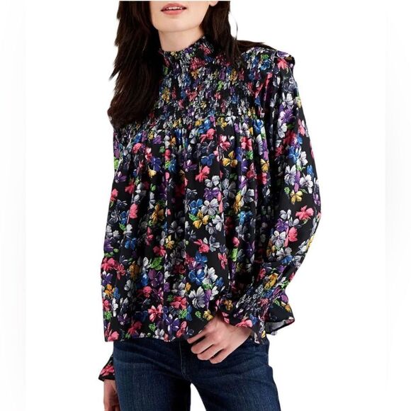 French Connection Alianna Drape Smocked Dark Floral  Top - Picture 1 of 12